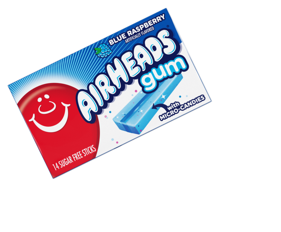 A package of Blue Raspberry flavored Airheads Gum.